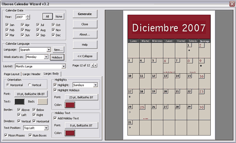 Previsualización del calendario