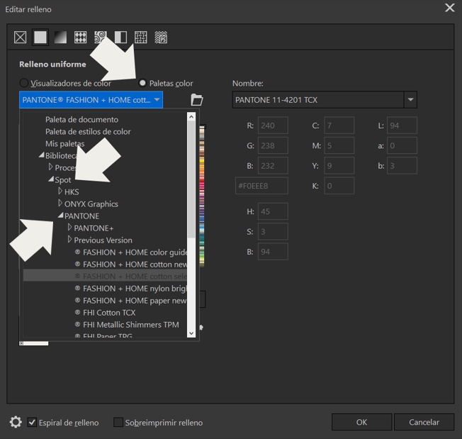 Seleccionado la paleta PANTONE en CorelDRAW