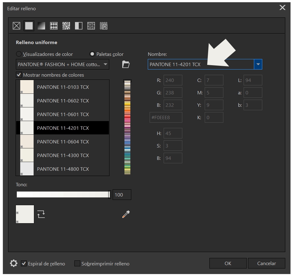 Buscando el color PANTONE escribiéndolo en el cuadro de diálogo de relleno de CorelDRAW