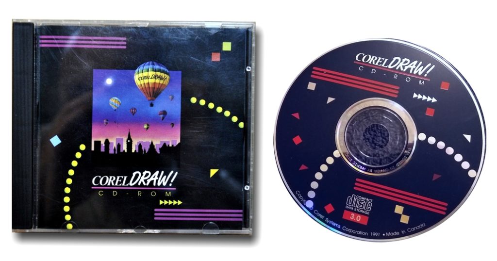 La caja y el CD-ROM con la suite CorelDRAW 3.0 lanzada en el año 1991