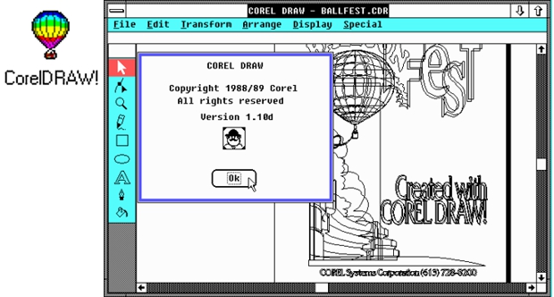Captura de pantalla de CorelDRAW 1.1 y el icono del programa
