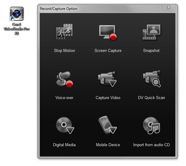 Interfaz para capturar y grabar vídeo de Corel VideoStudio X8
