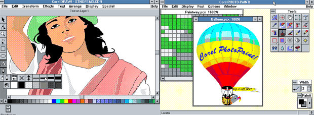 Capturas de pantalla de CorelDRAW 3.0 y Corel Photo-Paint 3.0 