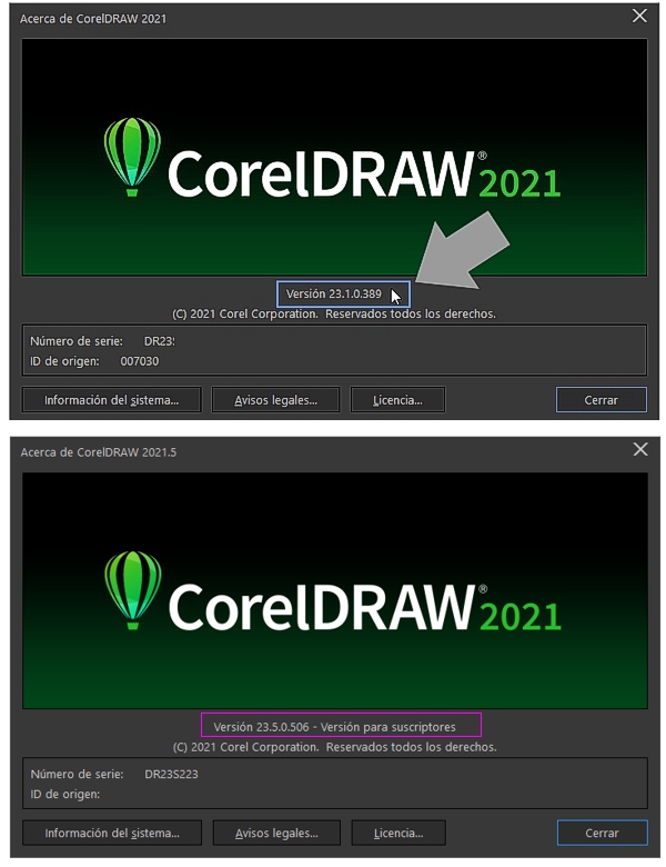 Número de versión una vez instalada la actualización para suscriptores de CorelDRAW
