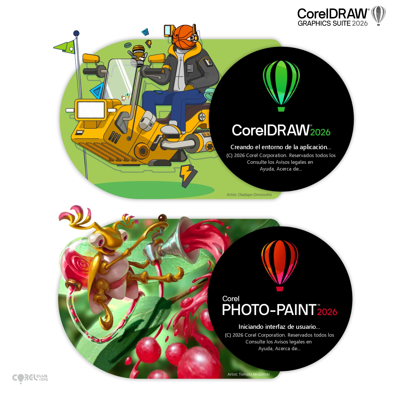 Pantallas de inicio de CorelDRAW 2026 y Photo-Paint 2026