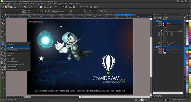 Captura de pantalla de la interfaz oscura de CorelDRAW X8