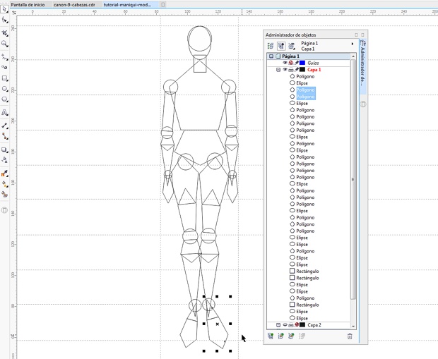 Dibujando todos los objetos del maniquí vectorial